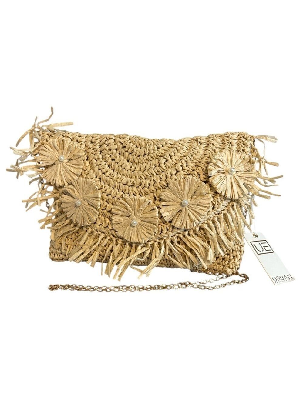 Urban Expressions Woven Straw Clutch Crossbody Floral GoldTone Chain Cream New